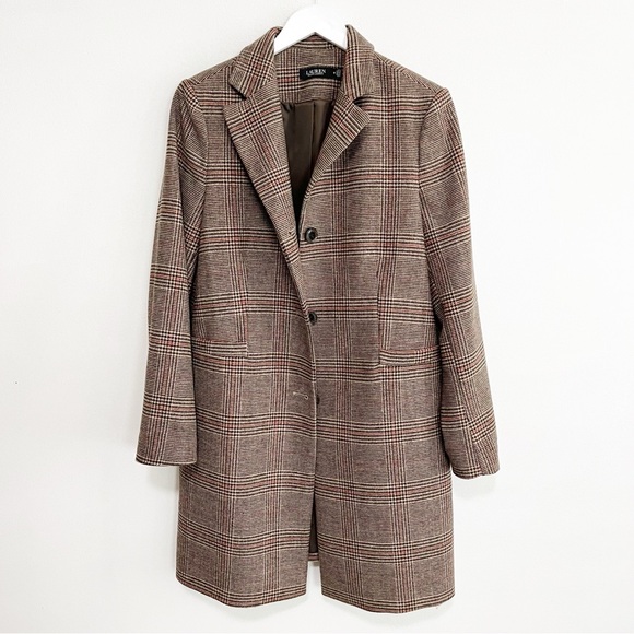 RALPH LAUREN NWOT Houndstooth Check Wool Blend Coat Brown Red Size 12 - Picture 3 of 9